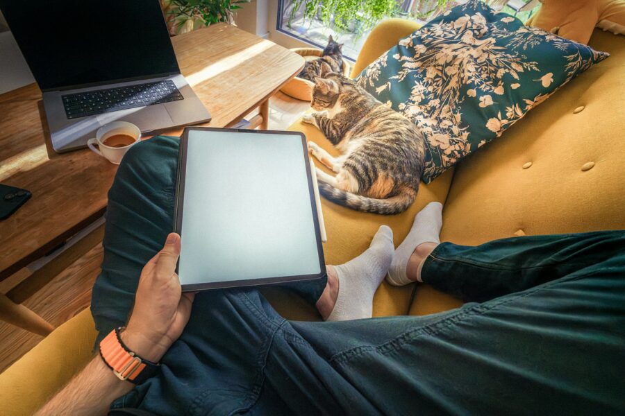 Person holding tablet sofa