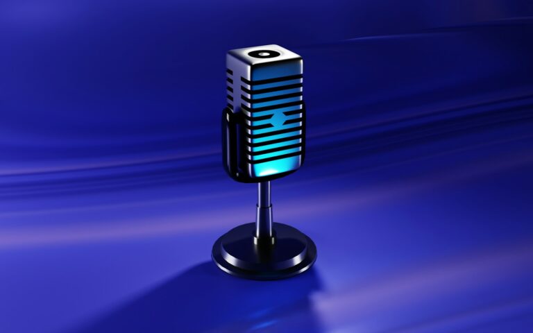 Podcaster speaking into usb microphone