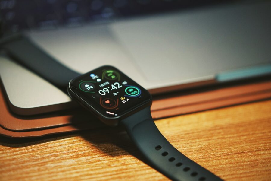 Used smartwatch wooden table